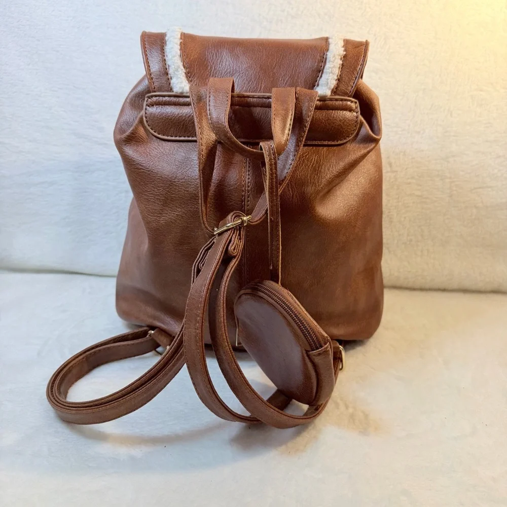 Under One Sky Brown Vegan Leather BOHO‎ Backpack Sherpa Trim Matching Coin Purse